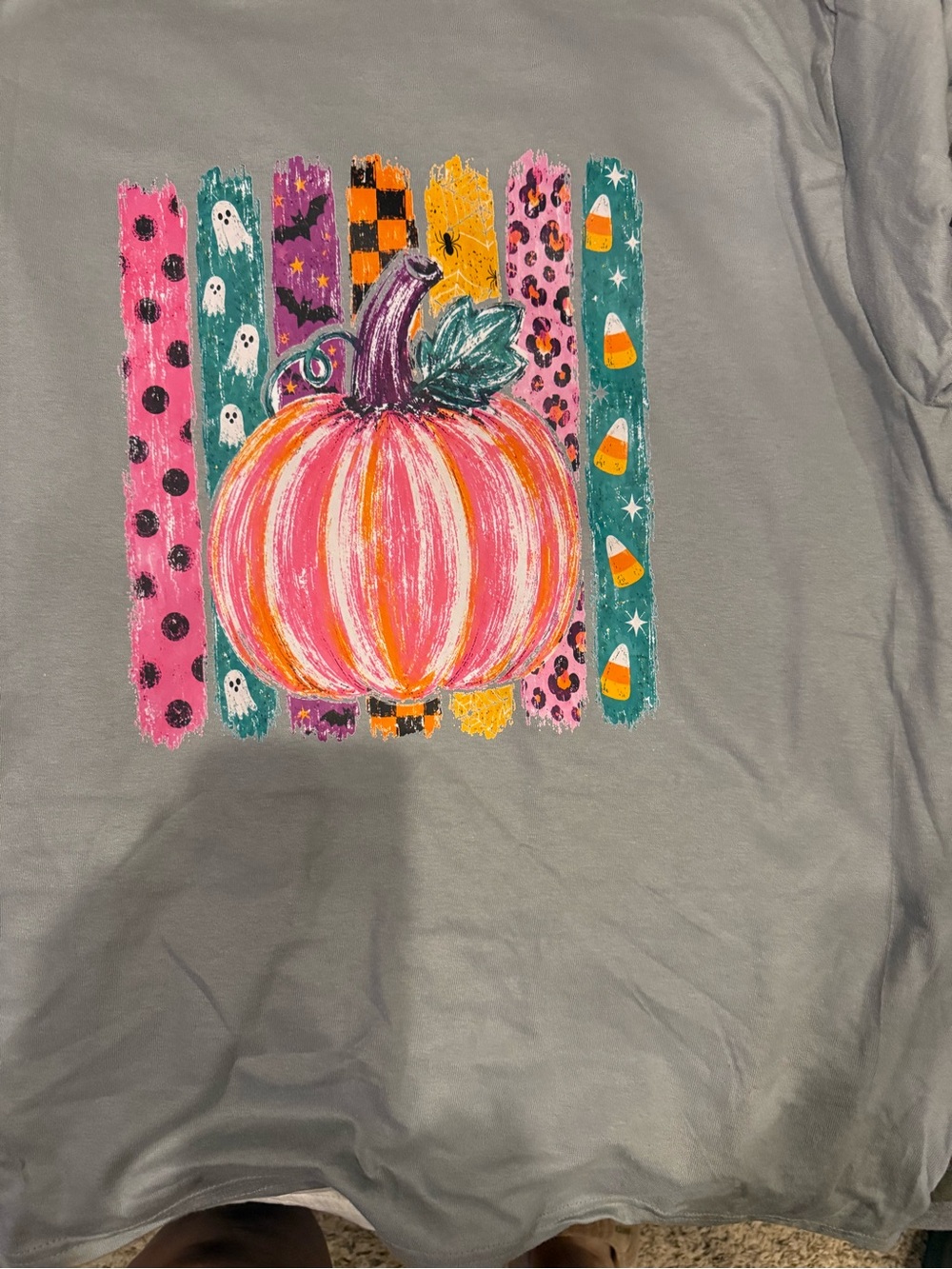 Gray Pumpkin Graphic Tee with Pink & Teal Accents